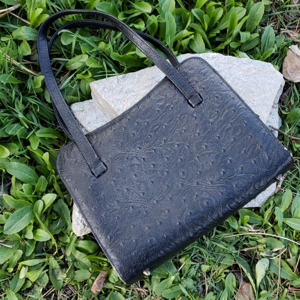 Authentic Vintage Mid Century Black Ostrich Leather Hand Bag Snap Closure